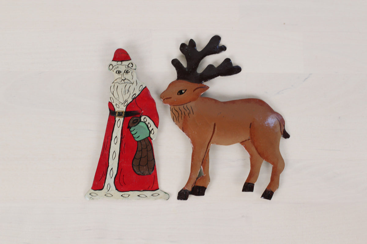 Vintage Set of Hand-Painted Metal Santa & Reindeer Christmas Ornaments