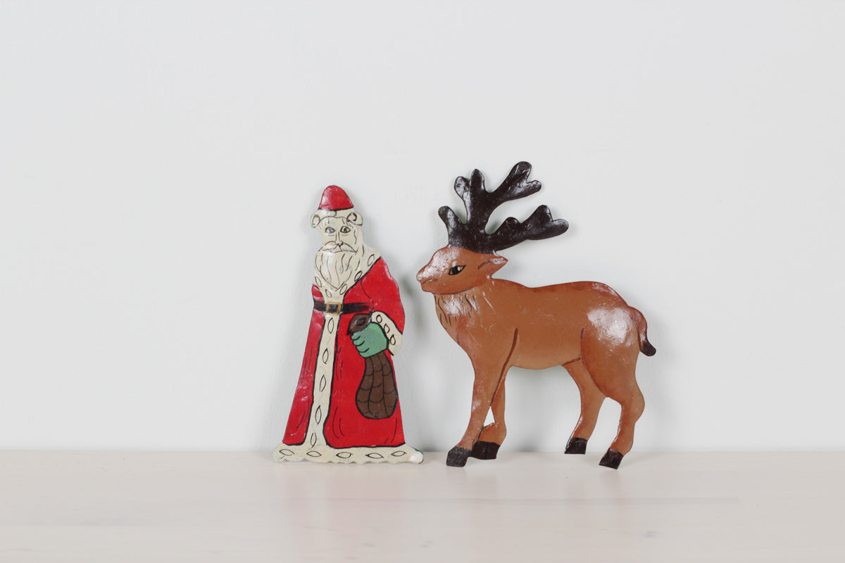 Vintage Set of Hand-Painted Metal Santa & Reindeer Christmas Ornaments