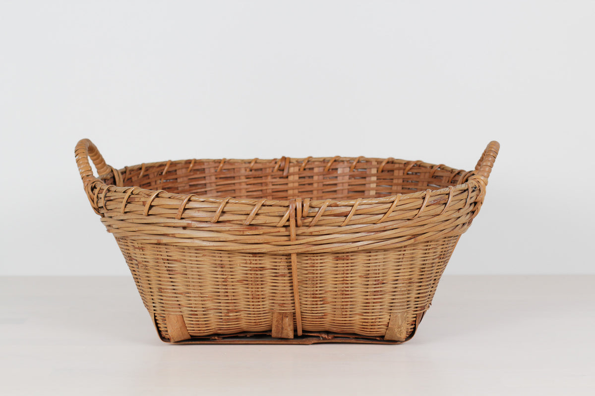 Vintage Large Bamboo & Rattan Woven Basket with Handles