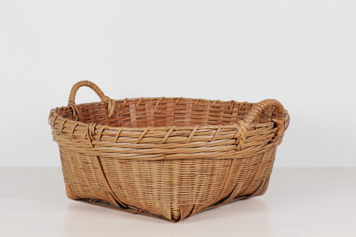 Vintage Large Bamboo & Rattan Woven Basket with Handles