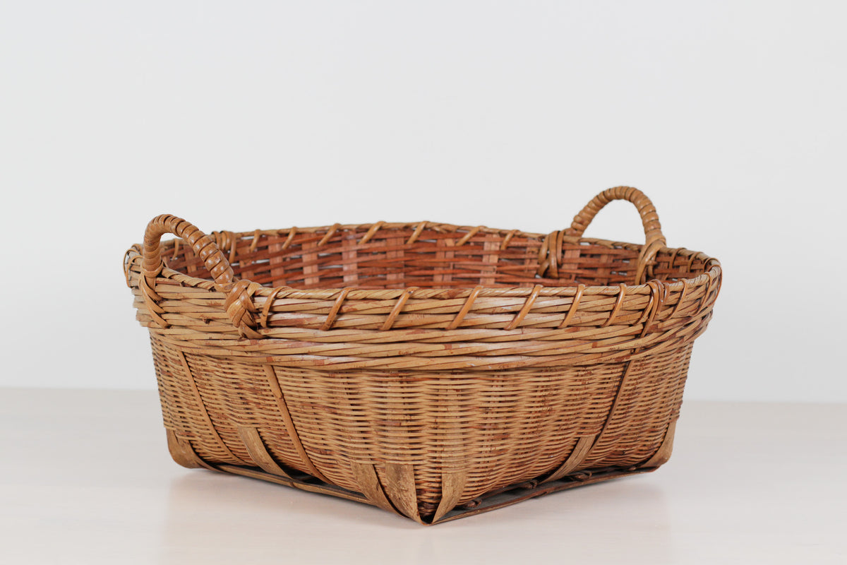 Vintage Large Bamboo & Rattan Woven Basket with Handles