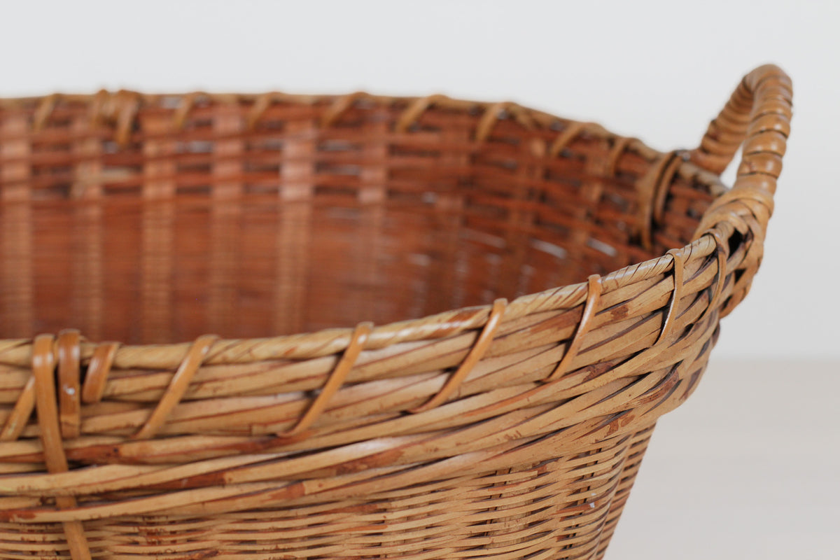 Vintage Large Bamboo & Rattan Woven Basket with Handles