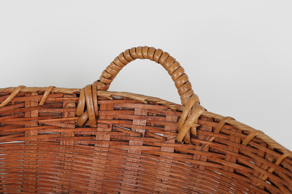 Vintage Large Bamboo & Rattan Woven Basket with Handles