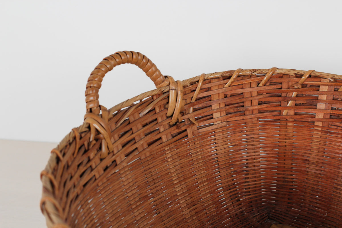 Vintage Large Bamboo & Rattan Woven Basket with Handles