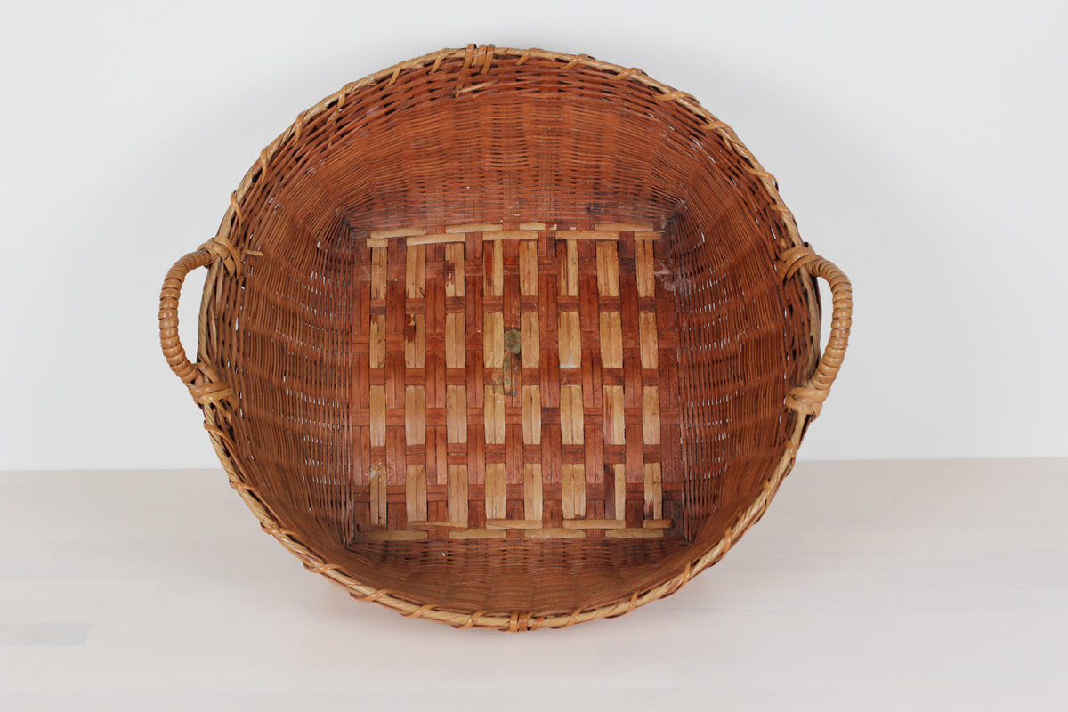 Vintage Large Bamboo & Rattan Woven Basket with Handles