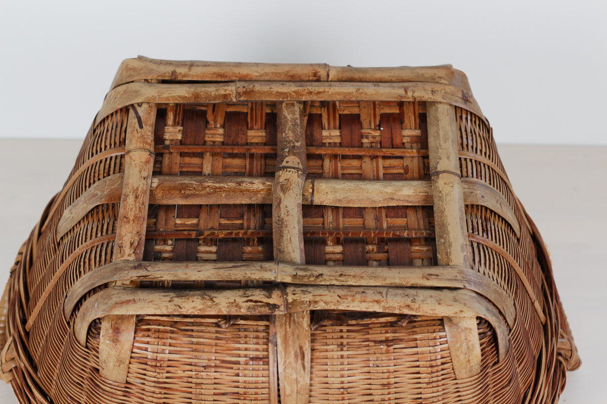 Vintage Large Bamboo & Rattan Woven Basket with Handles
