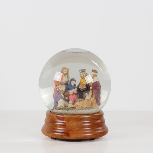 Vintage Nativity Musical Snow Globe on Wooden Base | Plays Silent Night