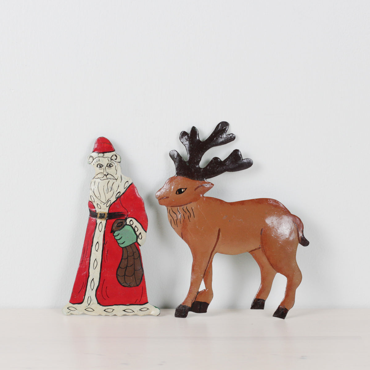 Vintage Set of Hand-Painted Metal Santa & Reindeer Christmas Ornaments