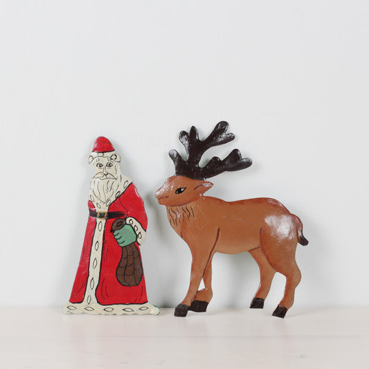 Vintage Set of Hand-Painted Metal Santa & Reindeer Christmas Ornaments