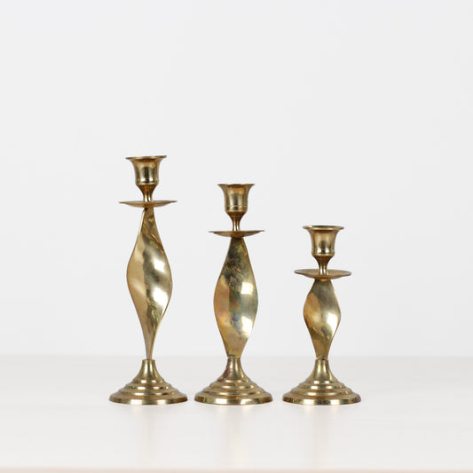 Vintage Twisted Brass Candlestick Holders, Set of 3