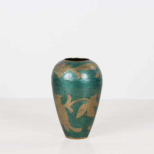 Vintage Green Enameled Brass Vase