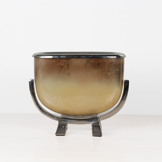 Vintage Modernist Smoked Gold Glass and Chrome Jardinière