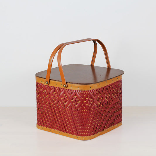 Vintage Mid-Century Red Woven Picnic Basket
