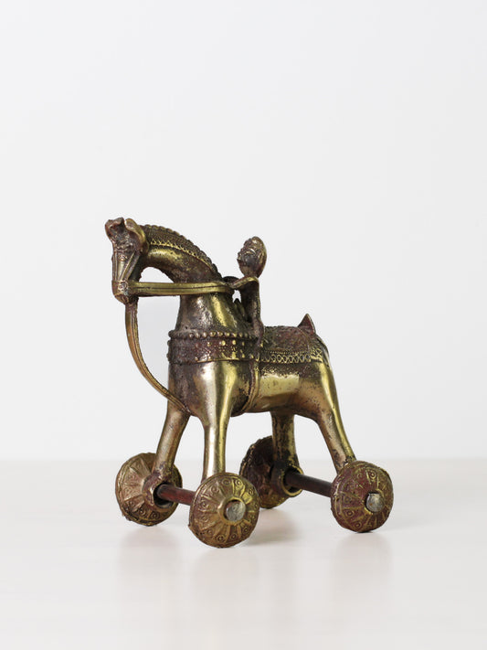 Antique Indian Brass Temple Horse on Wheels with Rider