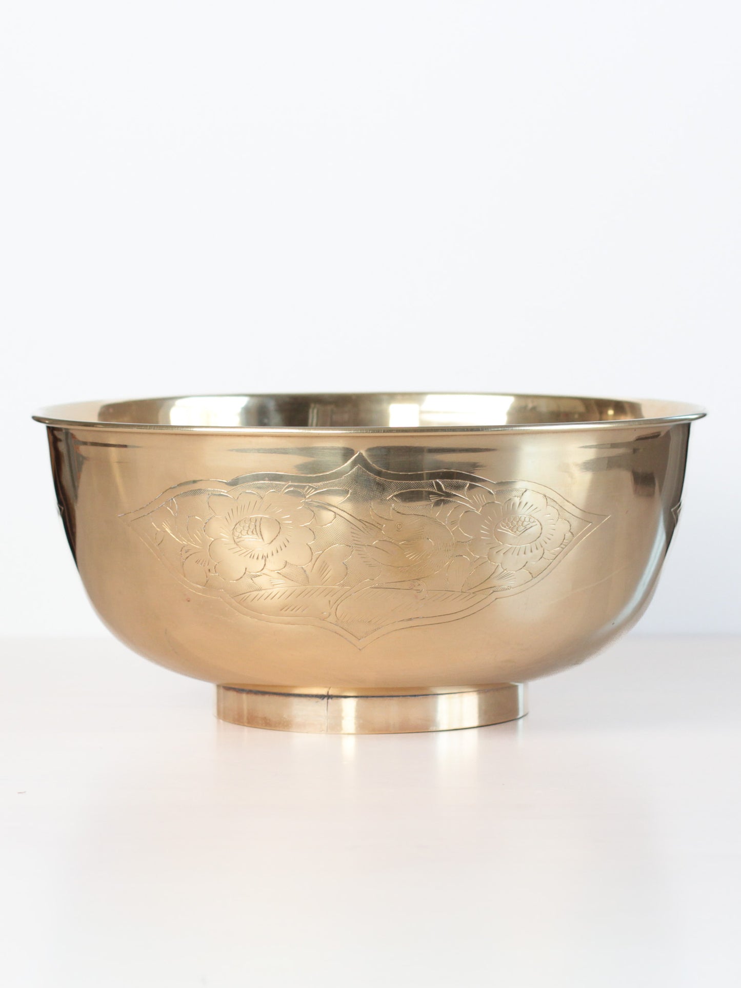 Large Vintage Brass Bowl with Etched Birds