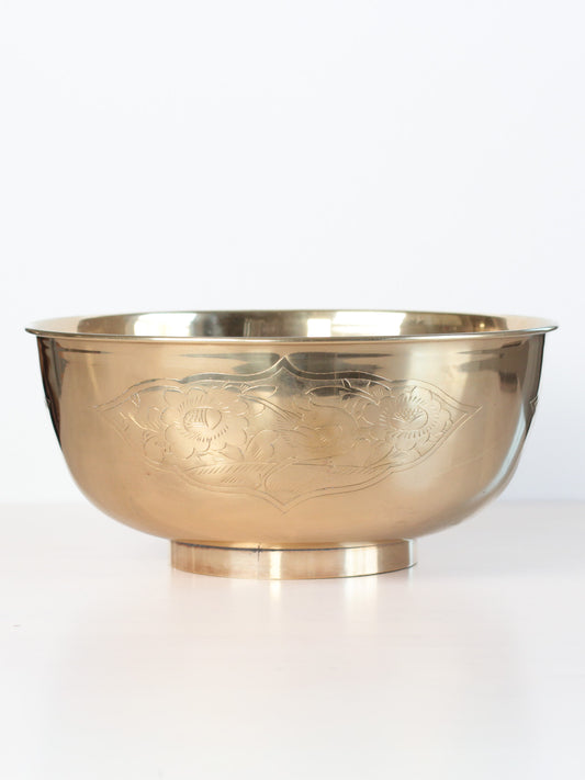 Large Vintage Brass Bowl with Etched Birds