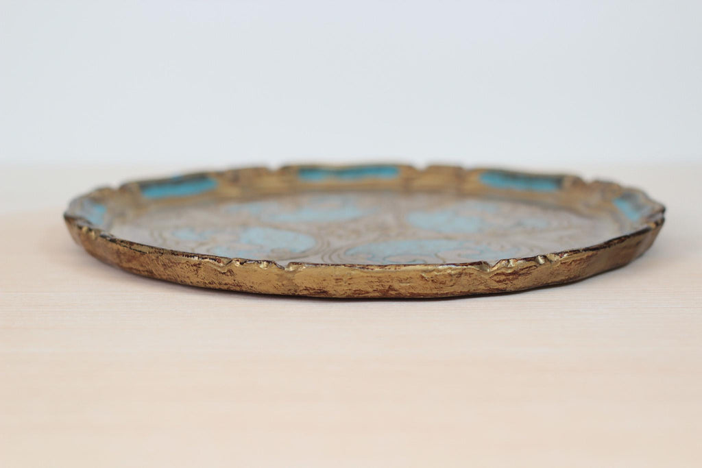 Vintage Italian Florentine Round Tray in Turquoise & Gold