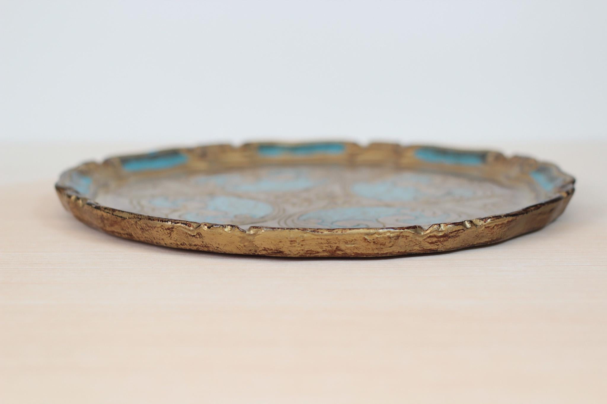 Vintage Italian Florentine Round Tray in Turquoise & Gold