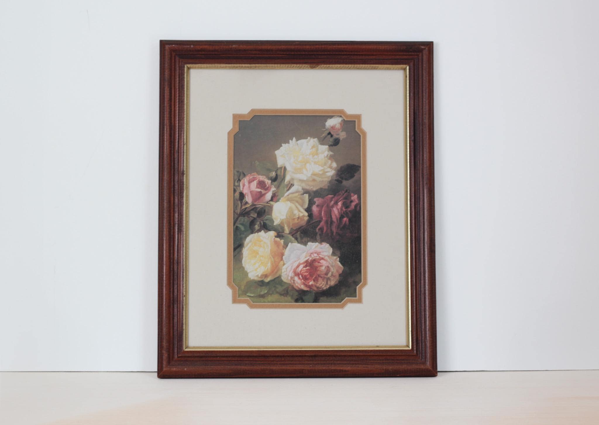 Vintage Moody Floral Rose Print in Wood Frame with Glass