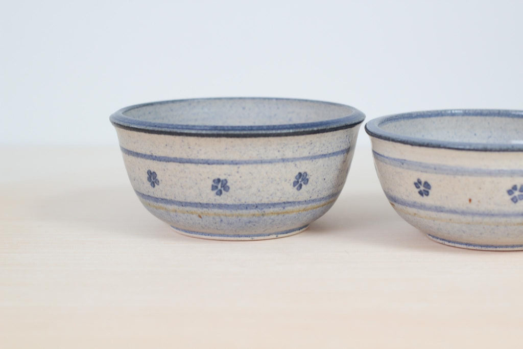 Pair of Vintage Blue Floral Studio Pottery Bowls, Signed by Artist