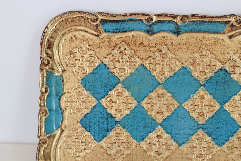 Vintage Italian Florentine Rectangle Tray in Turquoise & Gold