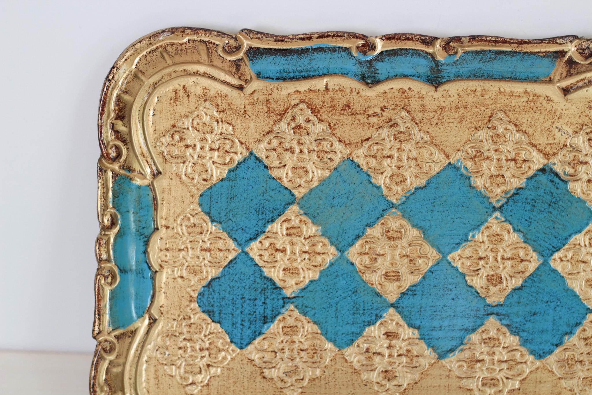 Vintage Italian Florentine Rectangle Tray in Turquoise & Gold