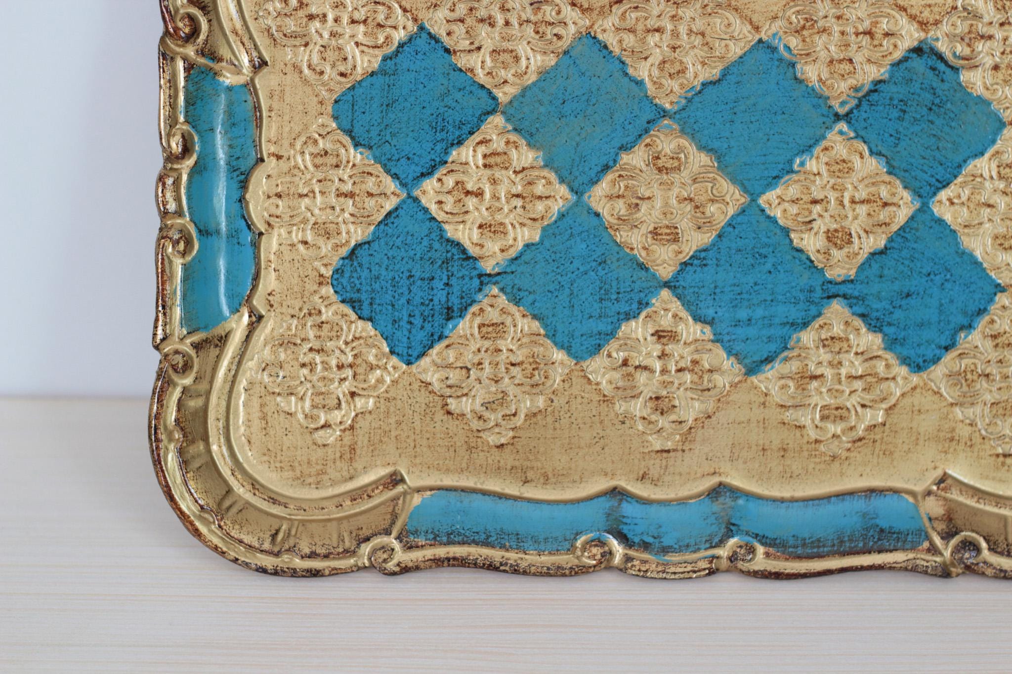 Vintage Italian Florentine Rectangle Tray in Turquoise & Gold