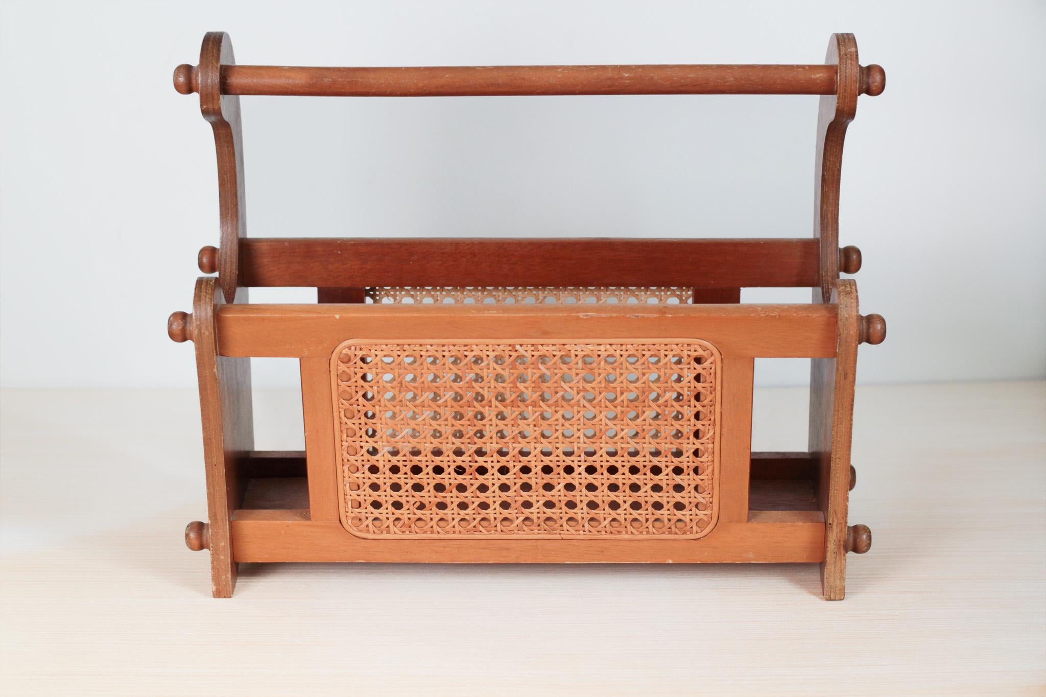Vintage Wood and Cane Magazine Rack