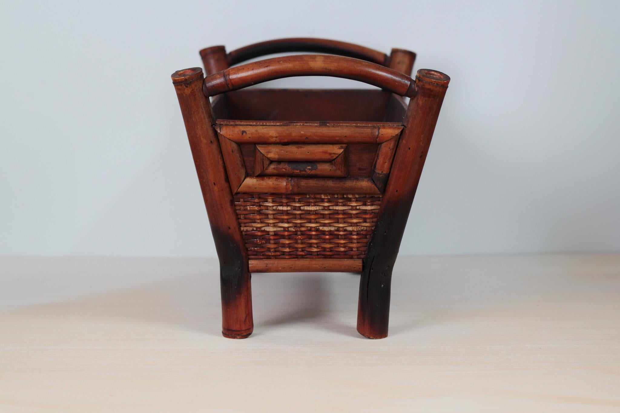 Mid-Century Chinoiserie Bamboo Rattan Footed Planter with Handles