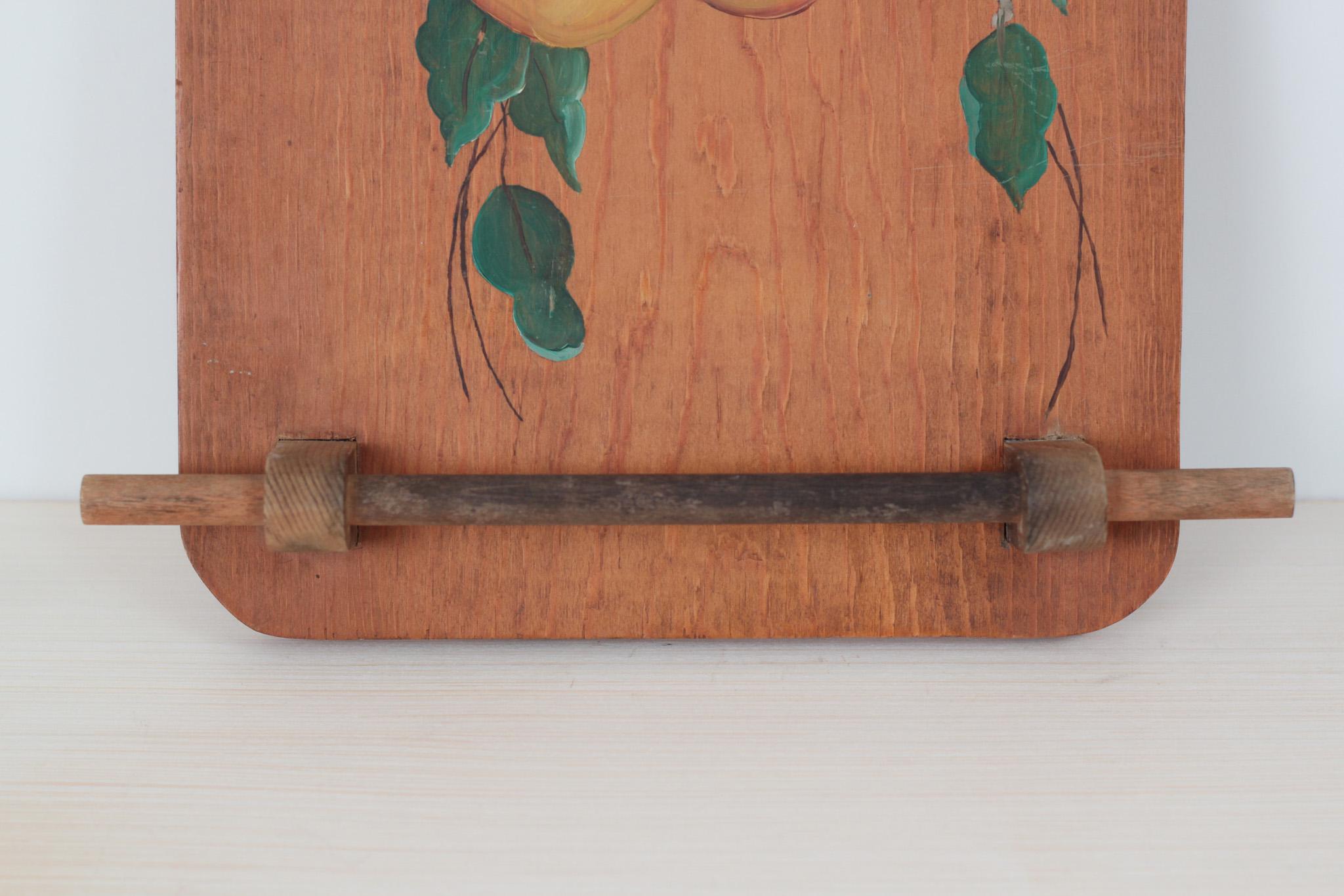 Vintage Wood Kitchen Towel Holder with Hand-Painted Pear Motif