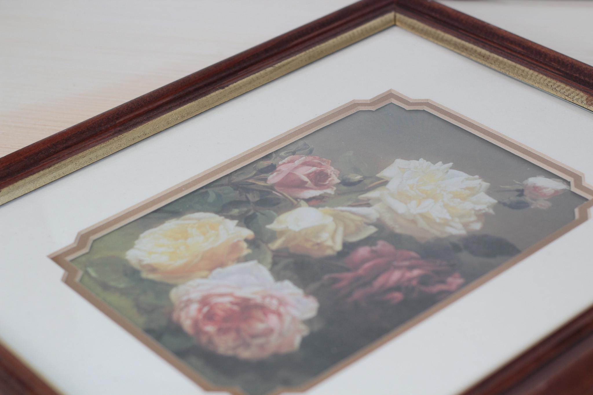 Vintage Moody Floral Rose Print in Wood Frame with Glass