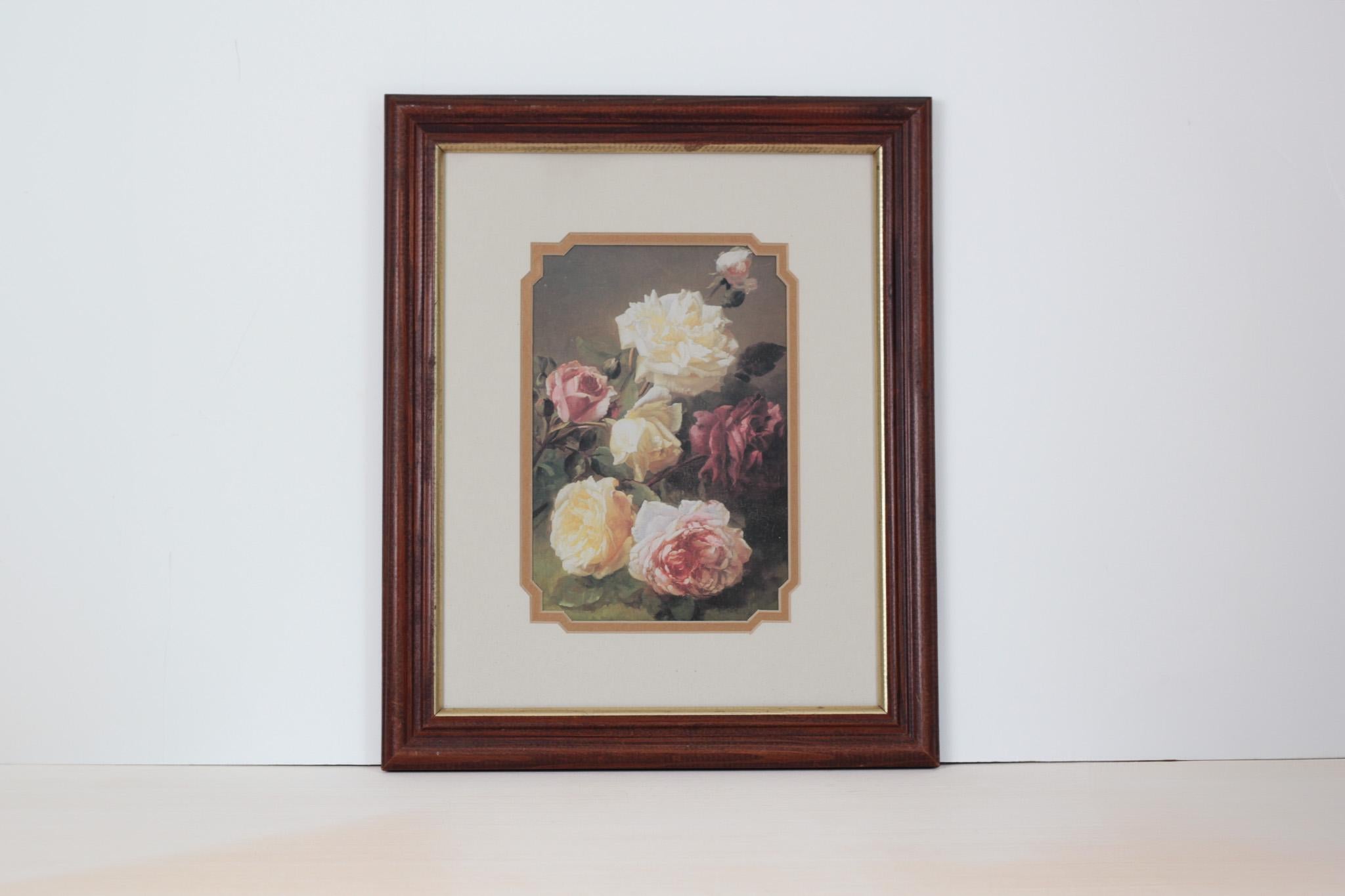Vintage Moody Floral Rose Print in Wood Frame with Glass