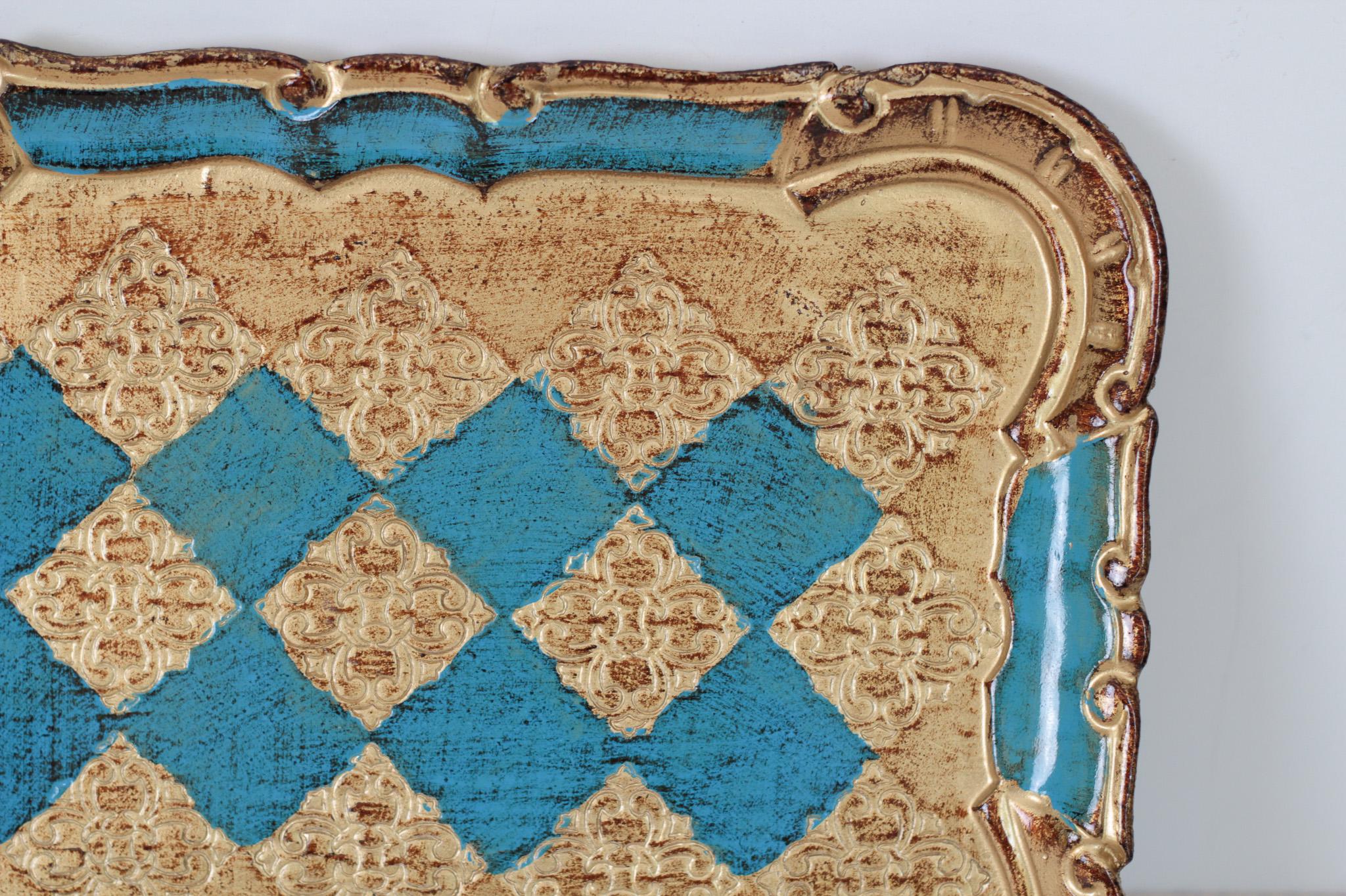Vintage Italian Florentine Rectangle Tray in Turquoise & Gold