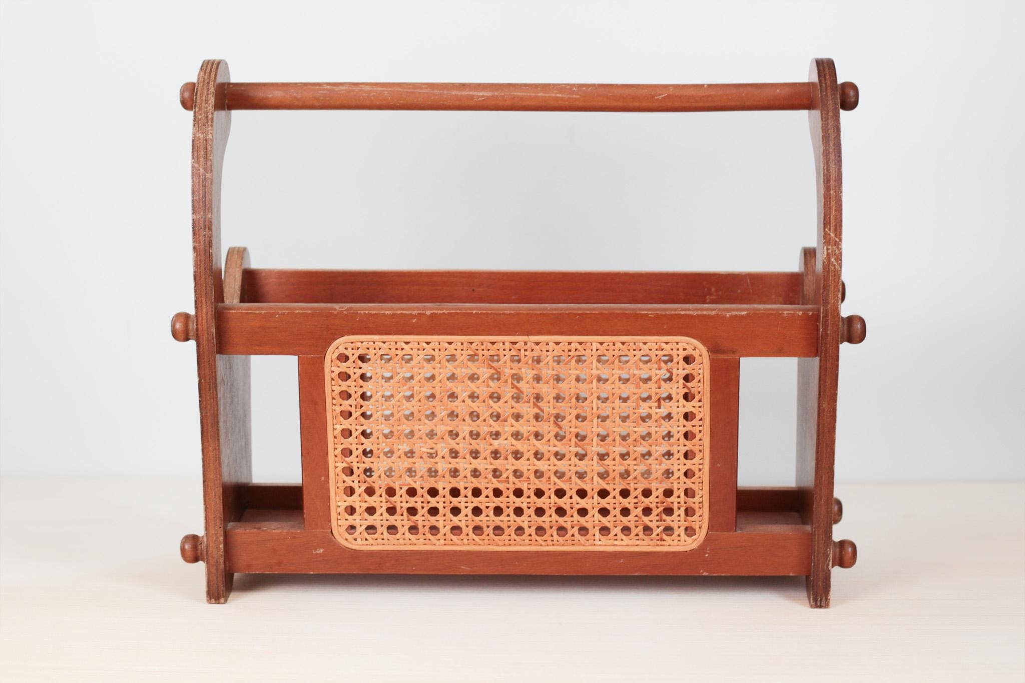 Vintage Wood and Cane Magazine Rack