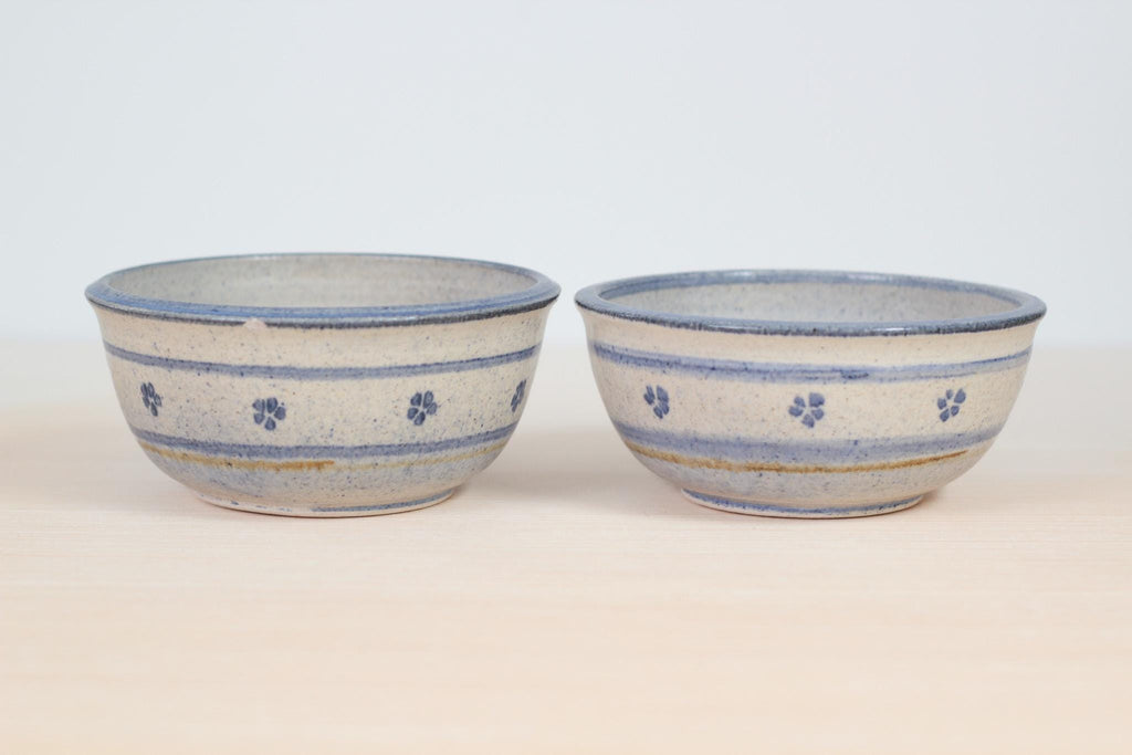 Pair of Vintage Blue Floral Studio Pottery Bowls, Signed by Artist