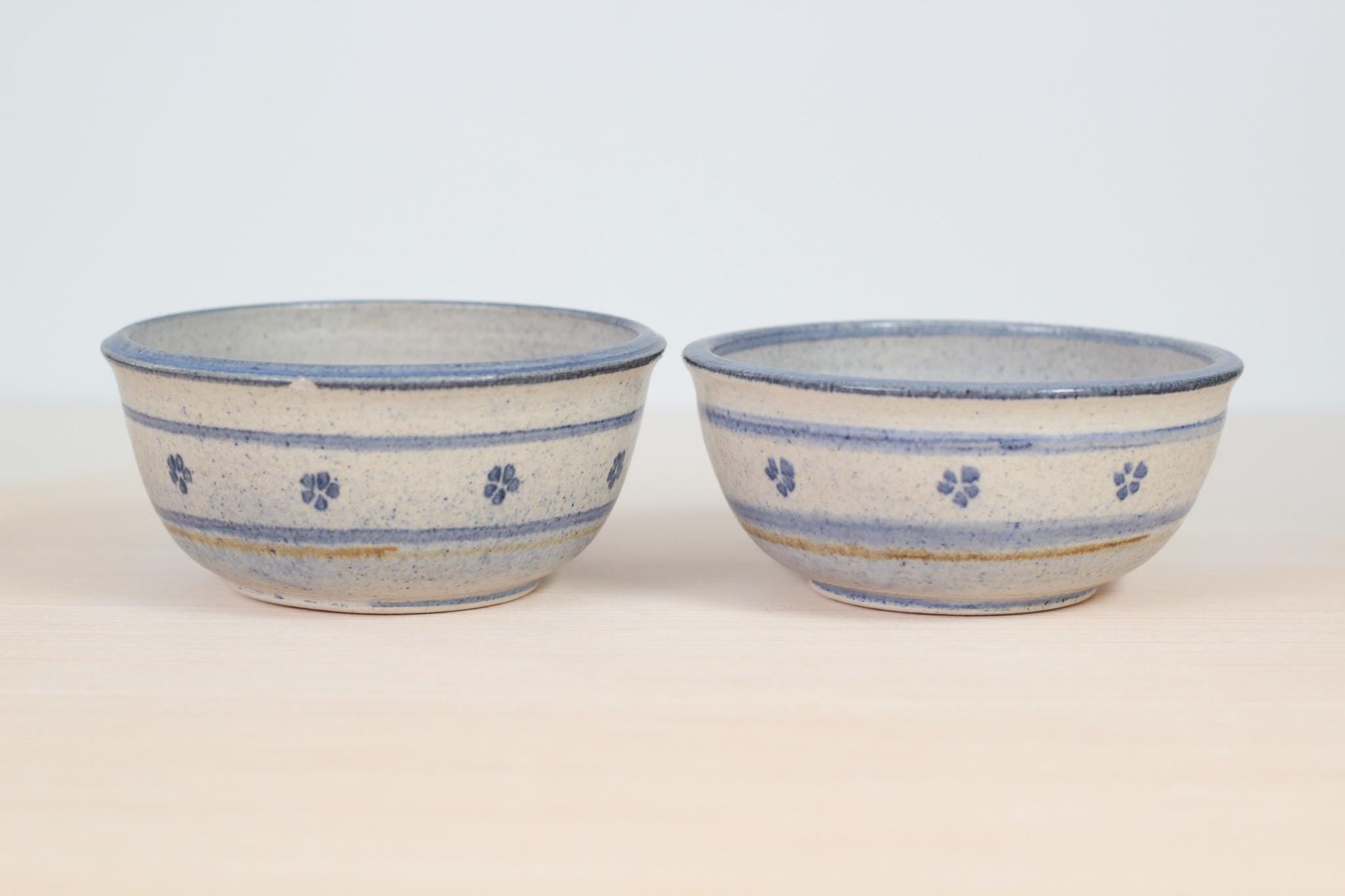 Pair of Vintage Blue Floral Studio Pottery Bowls, Signed by Artist