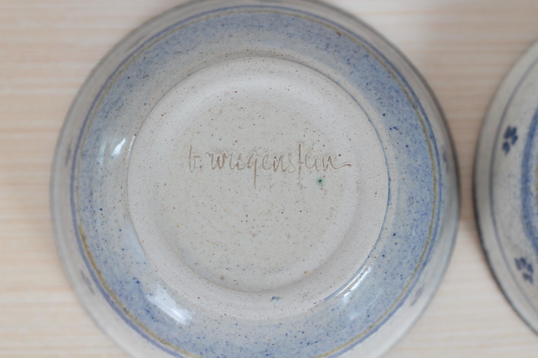Pair of Vintage Blue Floral Studio Pottery Bowls, Signed by Artist