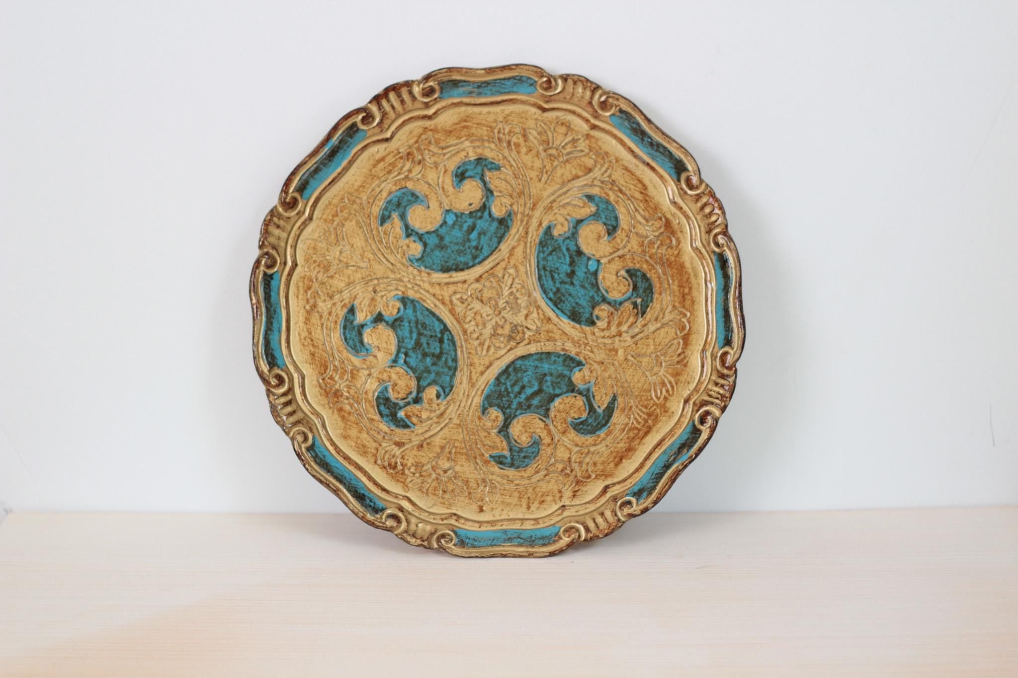 Vintage Italian Florentine Round Tray in Turquoise & Gold