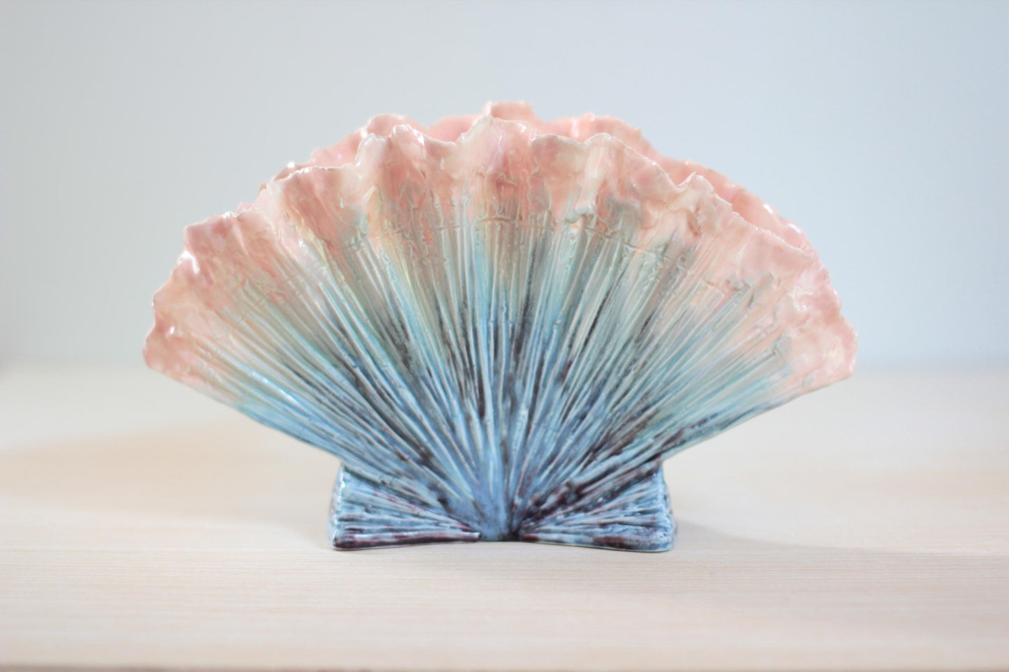 Mid-Century Hedi Schoop Seashell Vase, Ombré Blue to Pink Glaze, Hollywood-Regency California Pottery