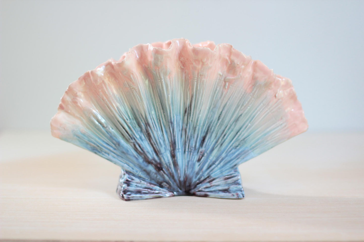 Mid-Century Hedi Schoop Seashell Vase, Ombré Blue to Pink Glaze, Hollywood-Regency California Pottery