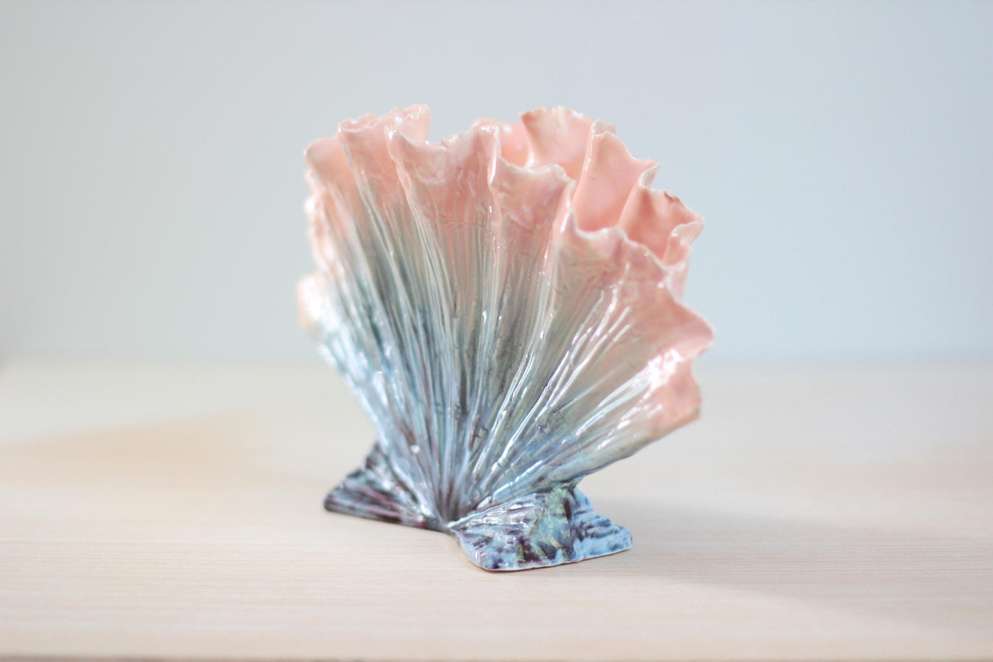 Mid-Century Hedi Schoop Seashell Vase, Ombré Blue to Pink Glaze, Hollywood-Regency California Pottery