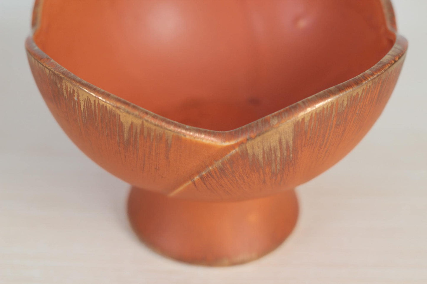 Vintage 1963 Sun Glo Ceramic Pedestal Bowl by INARCO, Burnt Orange & Gold, Mid-Century Modern