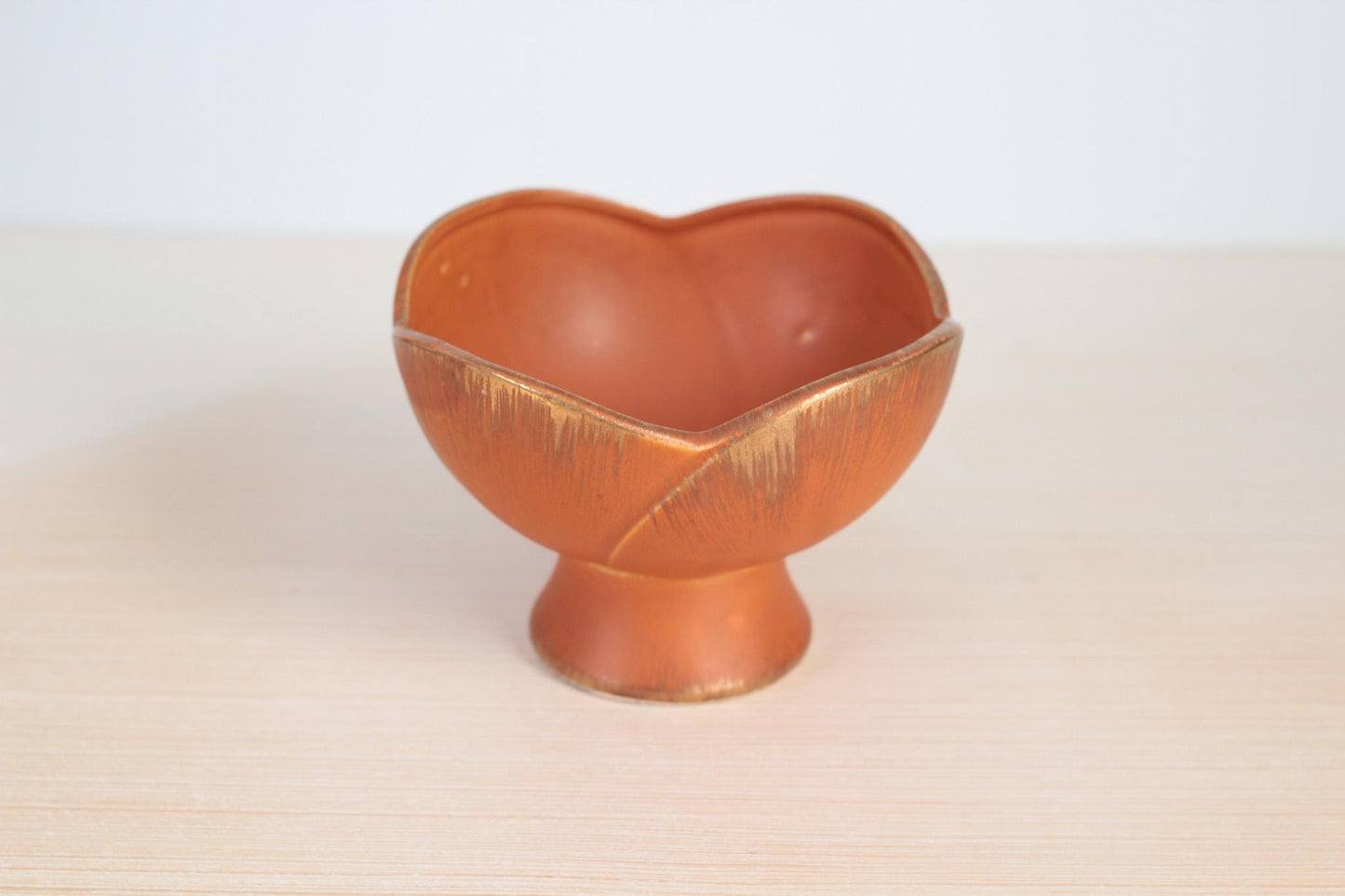 Vintage 1963 Sun Glo Ceramic Pedestal Bowl by INARCO, Burnt Orange & Gold, Mid-Century Modern