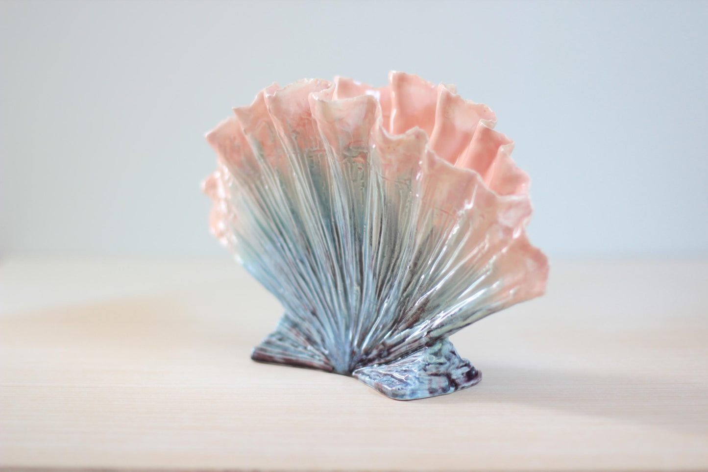 Mid-Century Hedi Schoop Seashell Vase, Ombré Blue to Pink Glaze, Hollywood-Regency California Pottery