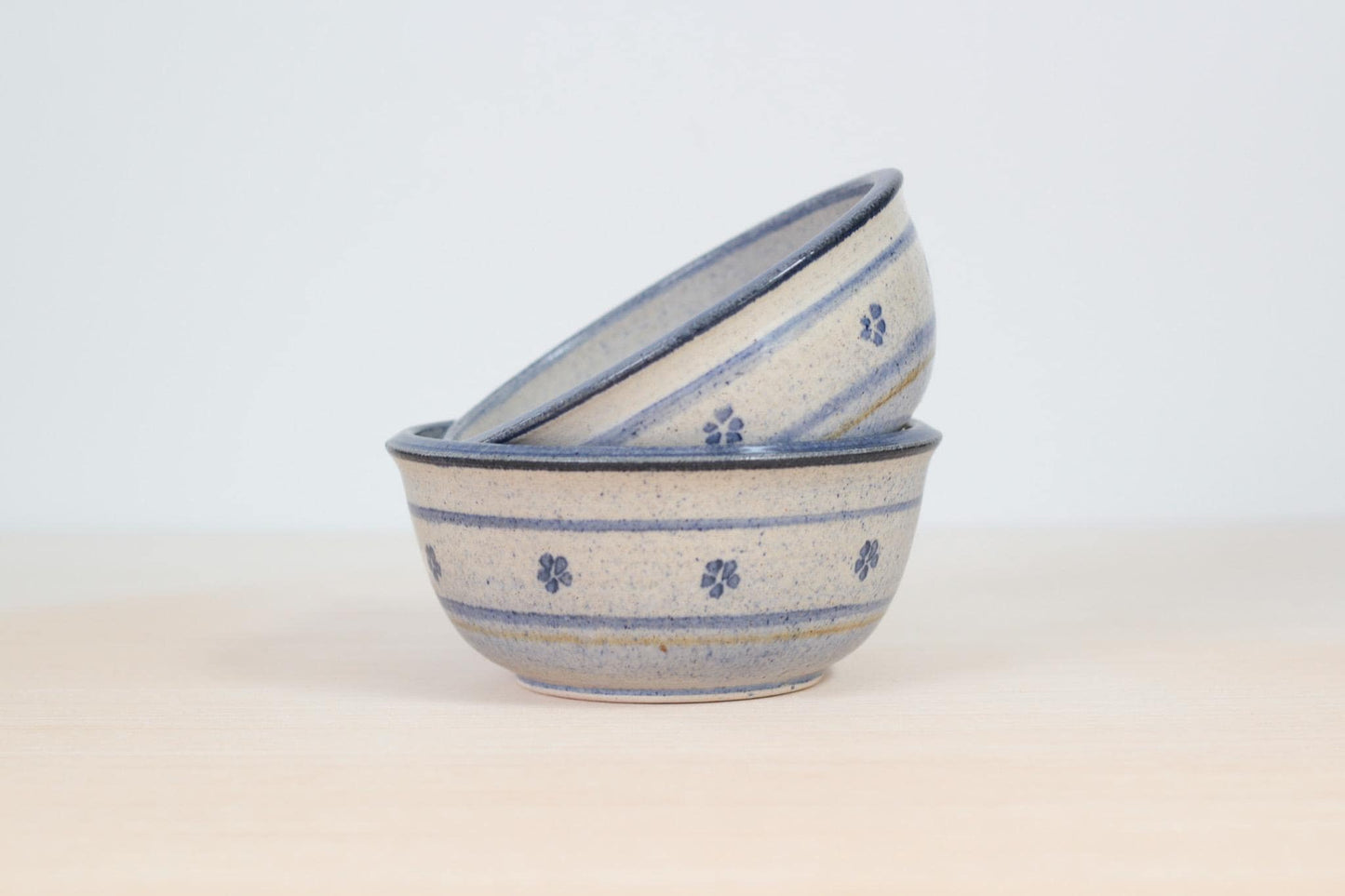 Vintage Blue Floral Studio Pottery Bowls Signed by Artist, Set of 2