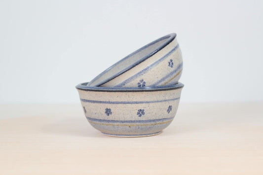 Vintage Blue Floral Studio Pottery Bowls Signed by Artist, Set of 2
