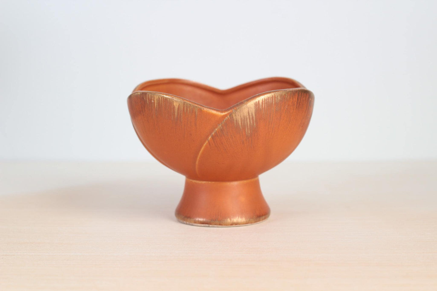 Vintage 1963 Sun Glo Ceramic Pedestal Bowl by INARCO, Burnt Orange & Gold, Mid-Century Modern
