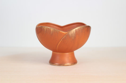 Vintage 1963 Sun Glo Ceramic Pedestal Bowl by INARCO, Burnt Orange & Gold, Mid-Century Modern
