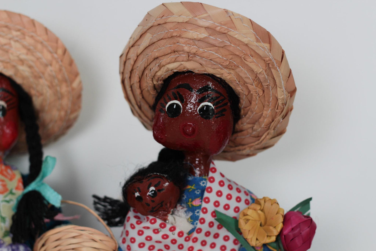 Vintage Mexican Folk Art Dolls, Hand-Painted Papier-Mâché Moms & Babies, 11" Tall