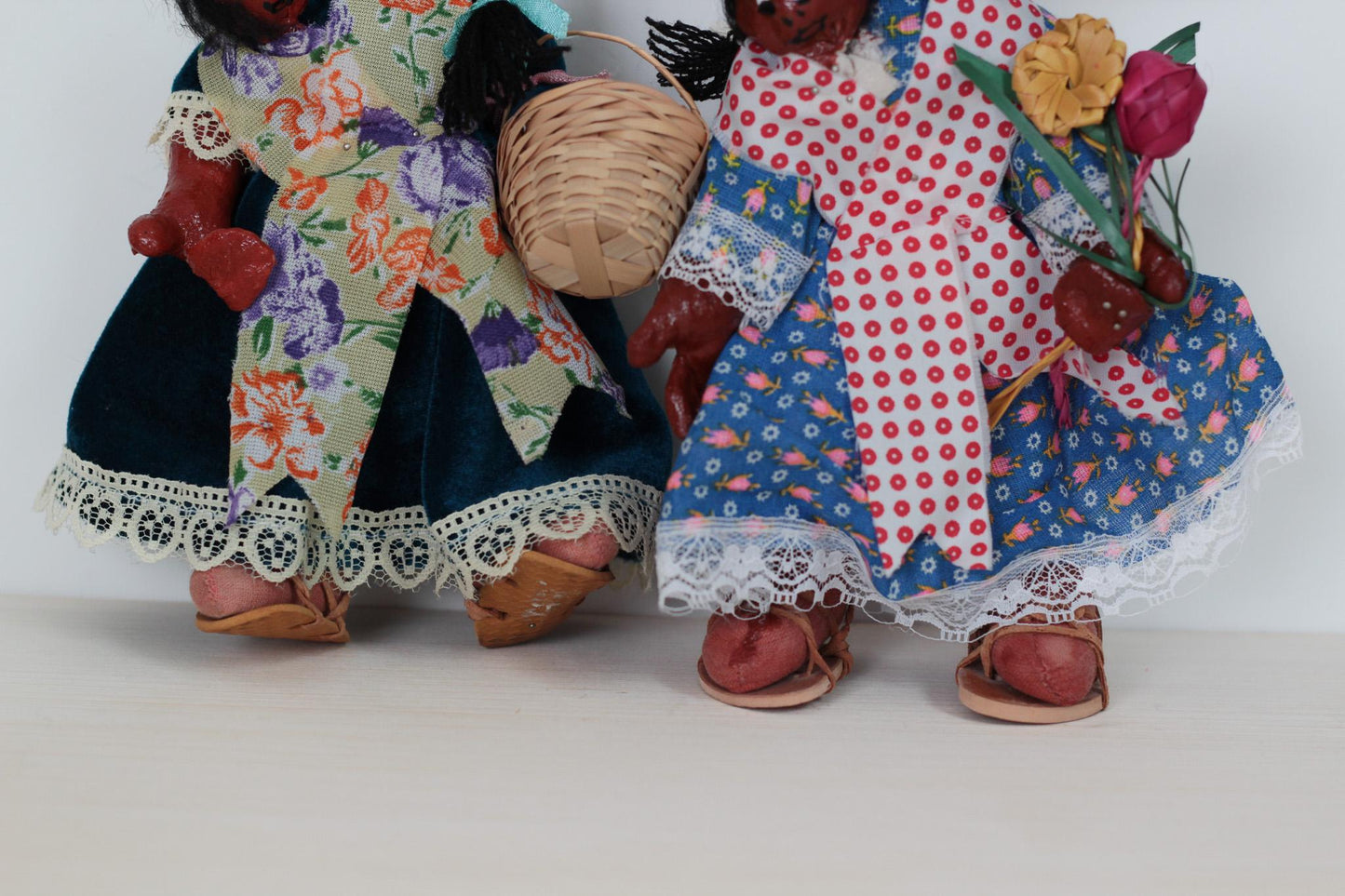 Vintage Mexican Folk Art Dolls, Hand-Painted Papier-Mâché Moms & Babies, 11" Tall